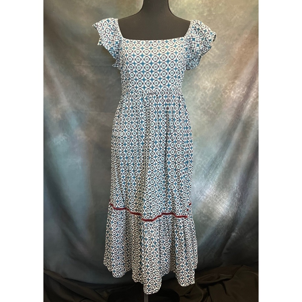 Olivia James The Label Square Neck Smocked Midi Dress Teal Geometric Size Large